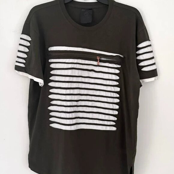 Switch Remarks Men's XL Olive Green Stripe T-Shirt Zipper Pocket Streetwear Tee - Picture 2 of 4